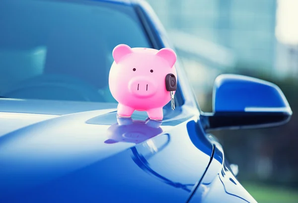 Piggybank on hood of car